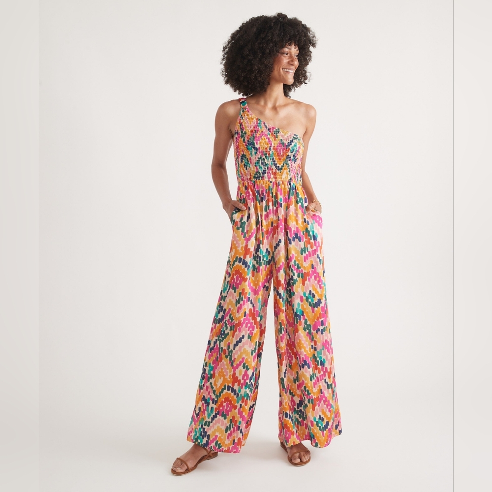 Marine Layer Multi Tencel One-Shoulder Smocked Jumpsuit Size M Resortwear Chic